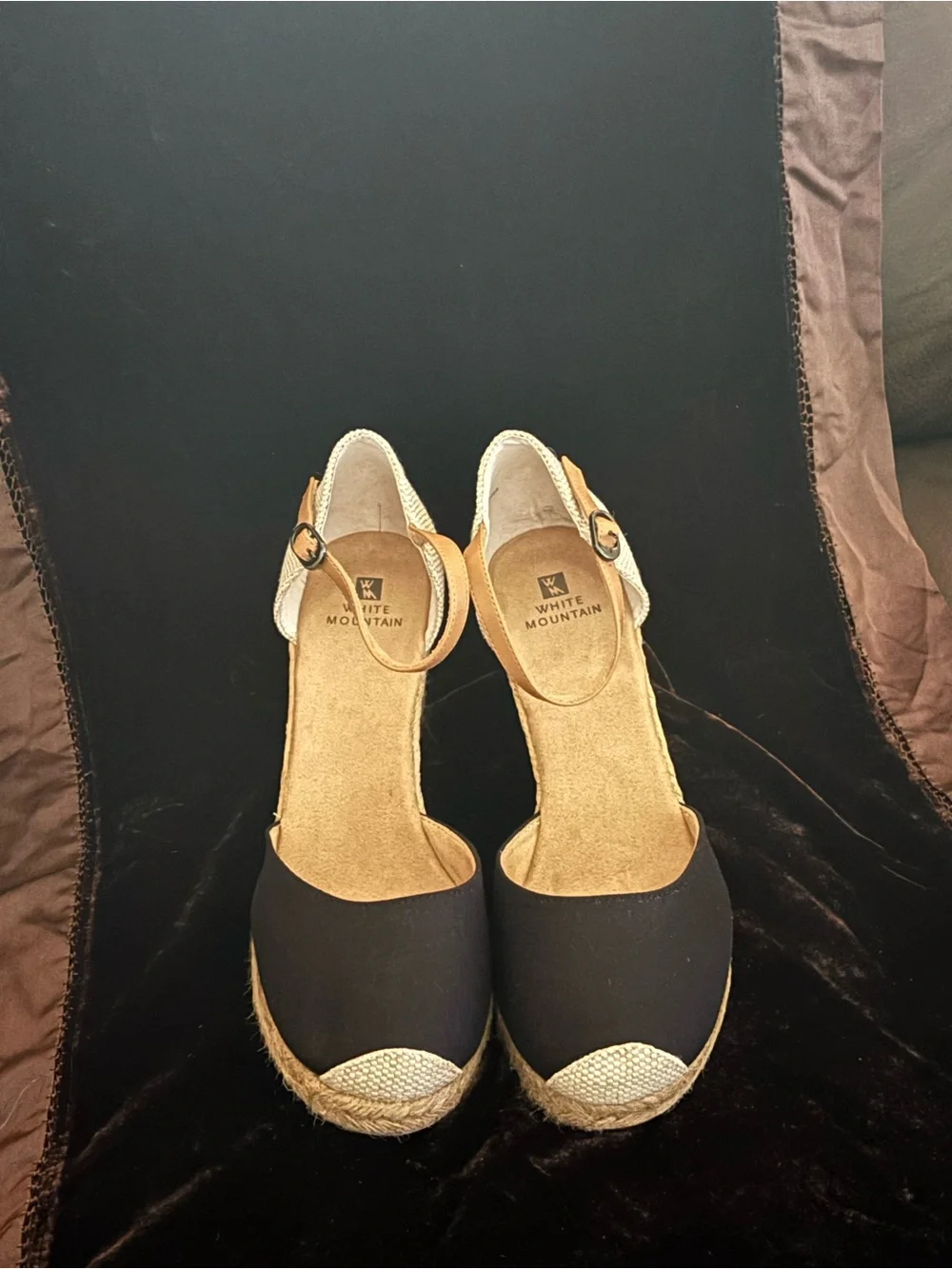 White Mountain Tan and Black Espadrille Wedge Sandals